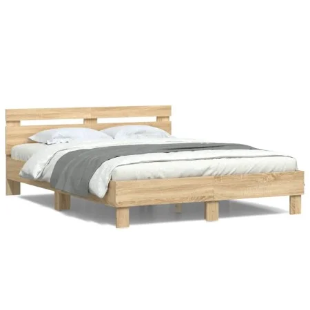 Sonoma oak bed frame with headboard and LED lights 150x200 cm by , Beds and slatted bases - Ref: Foro24-3207541, Price: 155,2...