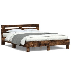 Bed frame headboard and LED lights smoked oak 150x200cm by , Beds and slatted bases - Ref: Foro24-3207543, Price: 156,71 €, D...