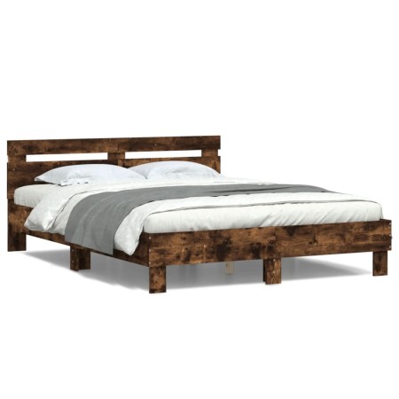 Bed frame headboard and LED lights smoked oak 150x200cm by , Beds and slatted bases - Ref: Foro24-3207543, Price: 156,71 €, D...