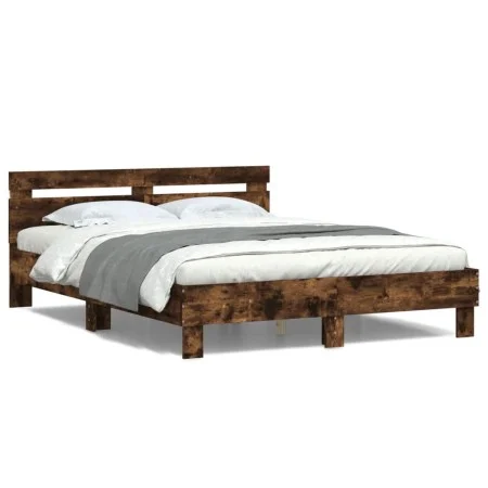 Bed frame headboard and LED lights smoked oak 150x200cm by , Beds and slatted bases - Ref: Foro24-3207543, Price: 154,31 €, D...