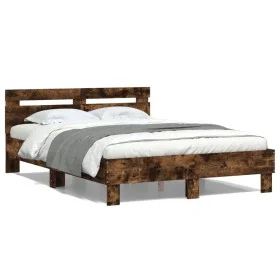 Smoked oak engineered wood bed with headboard 120x200 cm by , Beds and slatted bases - Ref: Foro24-3207431, Price: 122,98 €, ...