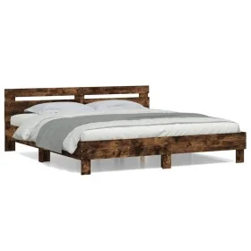 Smoked oak engineered wood bed with headboard 160x200 cm by , Beds and slatted bases - Ref: Foro24-3207410, Price: 149,96 €, ...