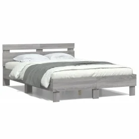 Sonoma gray engineered wood bed with headboard 135x190 cm by , Beds and slatted bases - Ref: Foro24-3207446, Price: 138,52 €,...