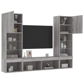 Muebles TV pared con LED 5 pzas madera ingeniería gris Sonoma