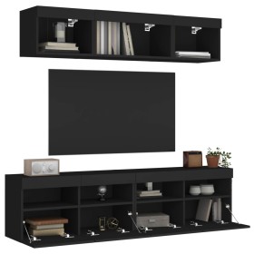 Muebles de TV de pared con LED 5 pzas madera ingeniería negro