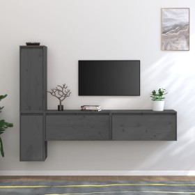 Muebles para TV 4 piezas madera maciza de pino gris