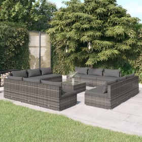 Set de muebles de jardín 13 pzas y cojines ratán sintético gris