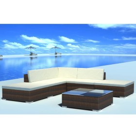 Set muebles de jardín 6 piezas y cojines ratán sintético marrón