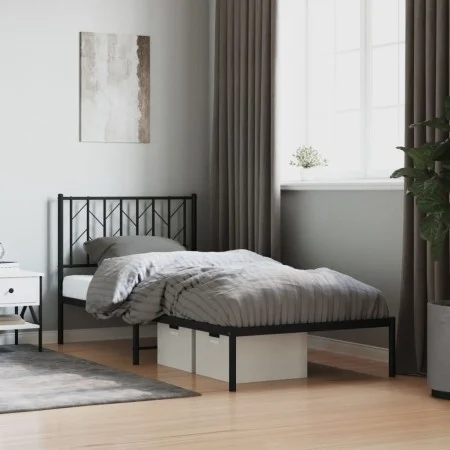 Bed frame with black metal headboard 90x190 cm by , Beds and slatted bases - Ref: Foro24-374429, Price: 62,93 €, Discount: %
