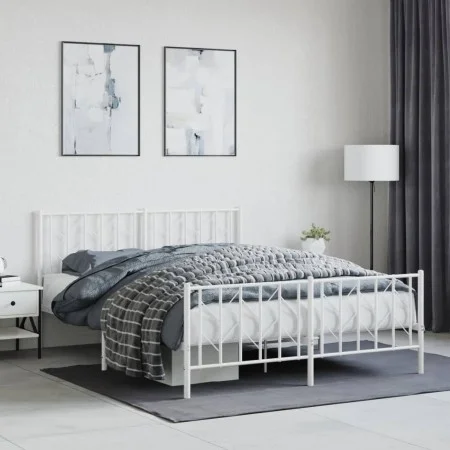 Metal bed frame with headboard and white footboard 150x200 cm by , Beds and slatted bases - Ref: Foro24-374506, Price: 111,90...