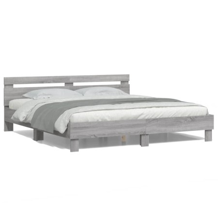 Sonoma gray headboard bed frame and LED lights 160x200 cm by , Beds and slatted bases - Ref: Foro24-3207537, Price: 165,78 €,...