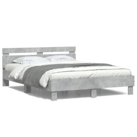 Estructura de cama cabecero y luces LED gris hormigón 150x200cm