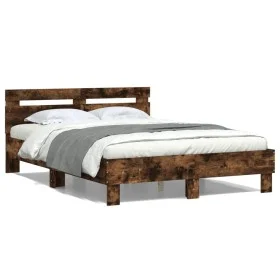 Smoked oak engineered wood bed with headboard 135x190 cm by , Beds and slatted bases - Ref: Foro24-3207445, Price: 134,38 €, ...