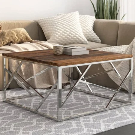 Mesa de centro de acero inoxidable plateado y madera maciza de , Mesas de centro - Ref: Foro24-349949, Precio: 134,82 €, Desc...