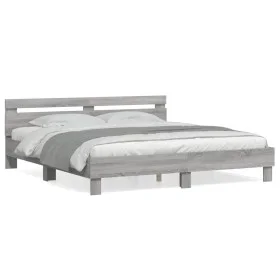 Sonoma gray engineered wood bed with headboard 160x200 cm by , Beds and slatted bases - Ref: Foro24-3207411, Price: 161,45 €,...