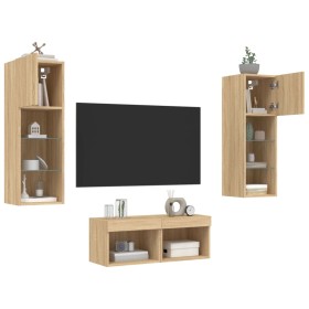 Muebles de TV de pared con luces LED 4 piezas roble Sonoma
