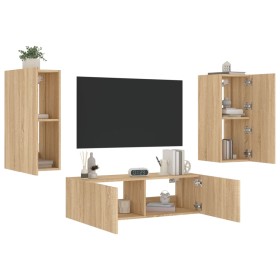 Muebles de TV de pared con luces LED 3 piezas roble Sonoma