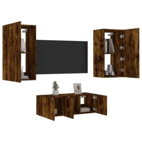 TV-Wandmöbel mit LED-Beleuchtung, 4-teilig, aus geräucherter Eichen-Ingenieurholz. von , TV-Möbel - Ref: Foro24-3216822, Prei...
