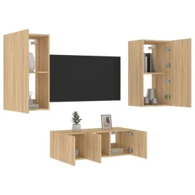 TV wall unit with LED lights, 4 pieces, engineered wood in Sonoma oak. by , TV Furniture - Ref: Foro24-3216820, Price: 174,71...