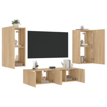 TV wall unit with LED lights, 4 pieces, engineered wood in Sonoma oak. by , TV Furniture - Ref: Foro24-3216848, Price: 186,09...