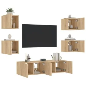 TV-Wandmöbel mit LED-Beleuchtung, 6-teilig, aus Eichenholz in Sonoma-Eiche-Optik. von , TV-Möbel - Ref: Foro24-3216855, Preis...