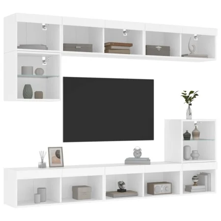 Wall-mounted TV furniture with LED, 8 pieces, engineered wood, white. by , TV Furniture - Ref: Foro24-3216668, Price: 215,71 ...
