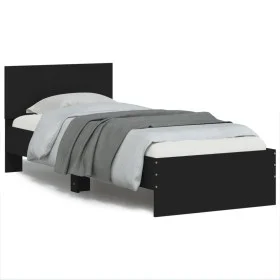 Bed frame with black engineered wood headboard 90x200 cm by , Beds and slatted bases - Ref: Foro24-838625, Price: 94,17 €, Di...