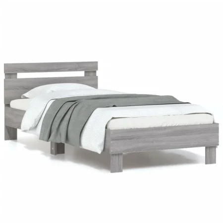 Bed frame headboard LED lights Sonoma gray 90x200 cm by , Beds and slatted bases - Ref: Foro24-838720, Price: 109,59 €, Disco...