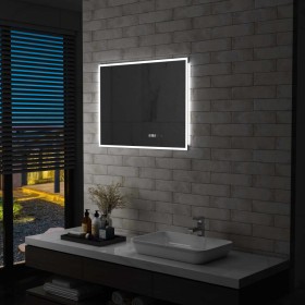 Espejo de baño con LED, sensor táctil y reloj 80x60 cm