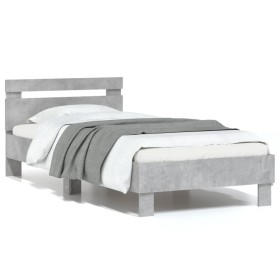 Estructura de cama cabecero luces LED gris hormigón 75x190 cm