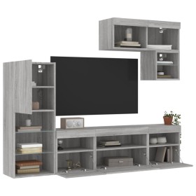 Muebles TV pared con LED 6 pzas madera ingeniería gris Sonoma