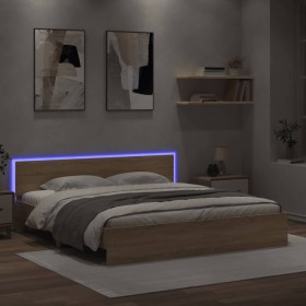 Sonoma oak bed frame with headboard and LED lights 180x200 cm by , Beds and slatted bases - Ref: Foro24-3207590, Price: 204,7...