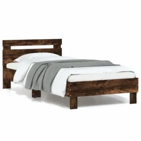 Bed frame headboard LED lights smoked oak 90x200 cm by , Beds and slatted bases - Ref: Foro24-838719, Price: 106,30 €, Discou...