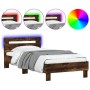 Bed frame headboard LED lights smoked oak 90x200 cm by , Beds and slatted bases - Ref: Foro24-838719, Price: 110,47 €, Discou...