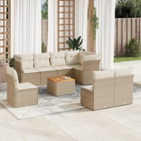 Set de sofás de jardín 9 pzas con cojines ratán sintético beige