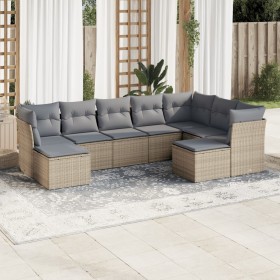 Set de sofás de jardín 9 pzas con cojines ratán sintético beige