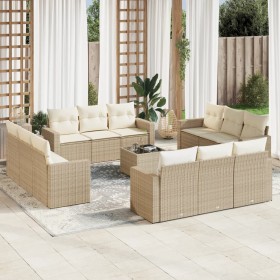 Set sofás de jardín con cojines 13 pzas ratán sintético beige