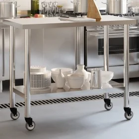 Stainless steel kitchen work table with wheels 110x55x85 cm by , Restoration - Ref: Foro24-376467, Price: 156,09 €, Discount: %