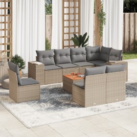 Set de sofás de jardín 9 pzas con cojines ratán sintético beige