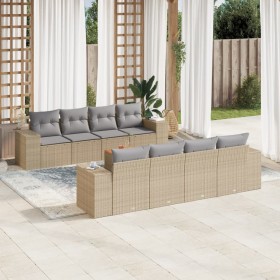 Set de sofás de jardín 9 pzas con cojines ratán sintético beige