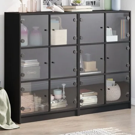 Black engineered wood shelving unit with doors 136x37x109 cm by , Bookcases and shelves - Ref: Foro24-3206511, Price: 227,18 ...
