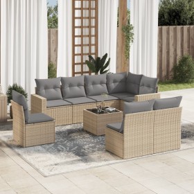 Set de sofás de jardín 9 pzas con cojines ratán sintético beige