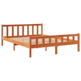 Bed frame with wax brown pine wood headboard 150x200 cm by , Beds and slatted bases - Ref: Foro24-844398, Price: 108,98 €, Di...