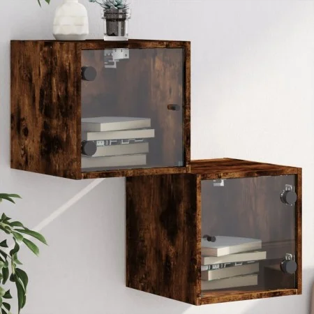 Nachttische mit Glastür, 2 Stück, geräucherte Eiche, 35 x 37 x 35 cm von , Nachttische - Ref: Foro24-836471, Preis: 50,59 €, ...