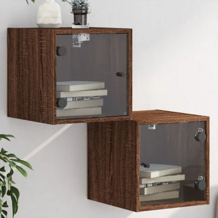 Mesitas noche con puertas vidrio 2 uds roble marrón 35x37x35 cm de , Mesitas de noche - Ref: Foro24-836475, Precio: 54,01 €, ...