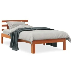 Bed frame with wax brown pine wood headboard 100x200 cm by , Beds and slatted bases - Ref: Foro24-844272, Price: 78,21 €, Dis...
