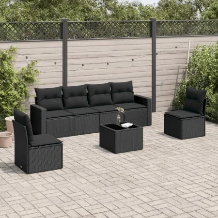 Garten-Essgruppe 7-teilig mit schwarzen Polstern aus synthetischem Rattan von , Modulare Sofas für den Außenbereich - Ref: Fo...