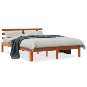 Bed frame with wax brown pine wood headboard 135x190 cm by , Beds and slatted bases - Ref: Foro24-844269, Price: 109,11 €, Di...