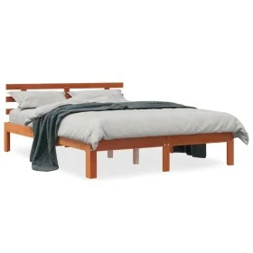 Bed frame with wax brown pine wood headboard 140x200 cm by , Beds and slatted bases - Ref: Foro24-844274, Price: 101,40 €, Di...