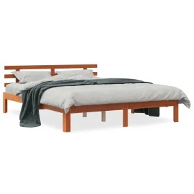 Bed frame with wax brown pine wood headboard 160x200 cm by , Beds and slatted bases - Ref: Foro24-844276, Price: 108,26 €, Di...